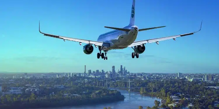 airplane, flight, city