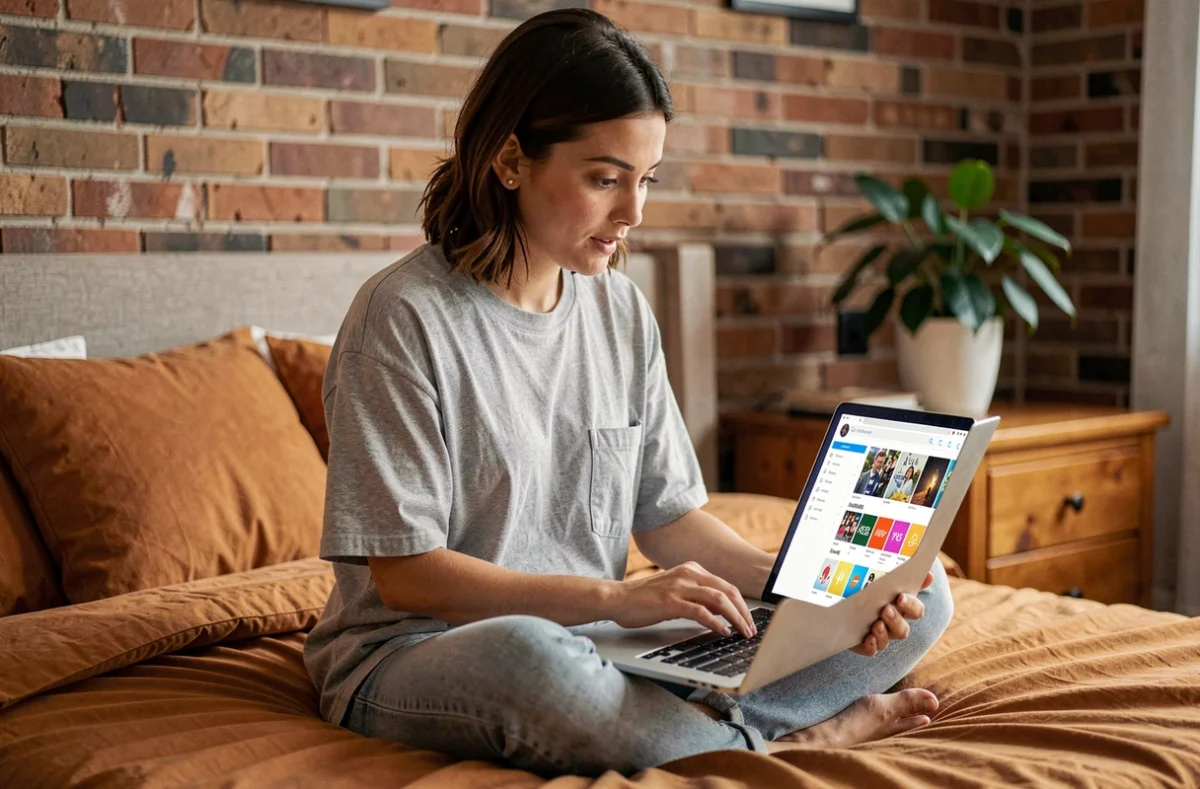 Jeune femme utilisant un VPN sur son ordinateur portable pour accéder aux applications américaines depuis sa chambre