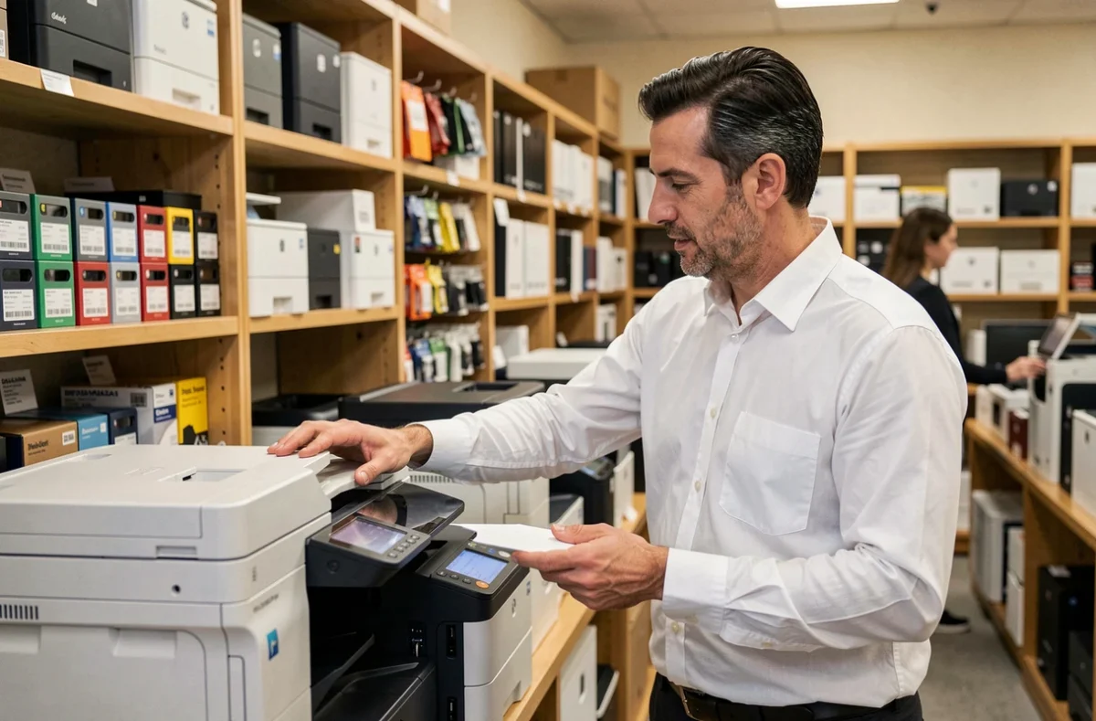 Conseiller aidant une cliente à choisir une imprimante dans un showroom de fournitures bureautiques et informatiques