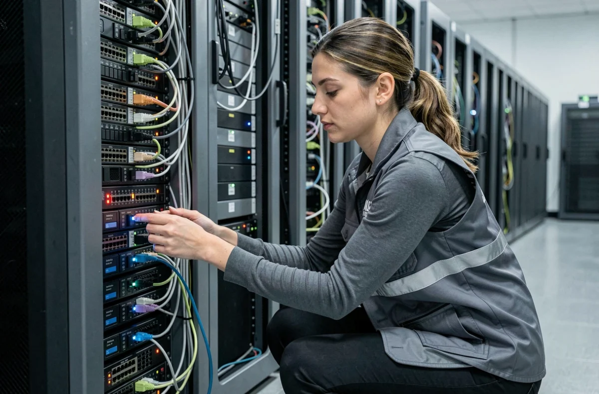 Ingénieure réseau connectant des câbles dans une salle de serveurs professionnelle