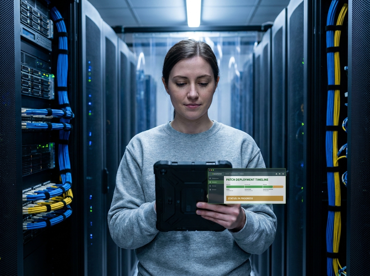 Administratrice systèmes consultant un tableau de déploiement de correctifs sur tablette dans une salle de serveurs professionnelle