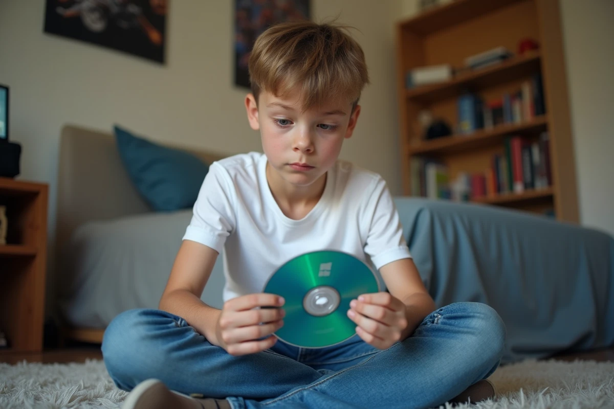Adolescent tenant un disque d'installation Windows physique dans sa chambre
