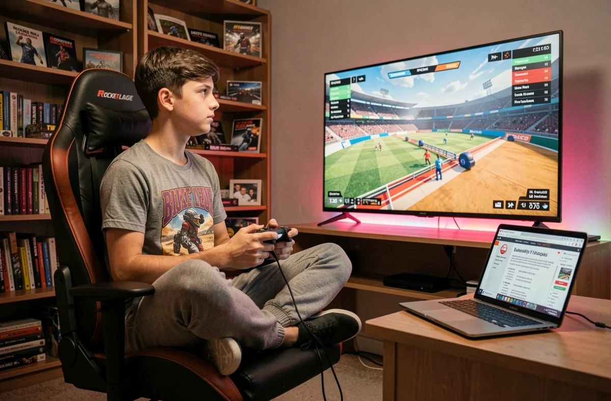 Adolescent jouant à Rocket League dans sa chambre avec des statistiques BakkesMod affichées sur l'écran TV pendant un entraînement aérien