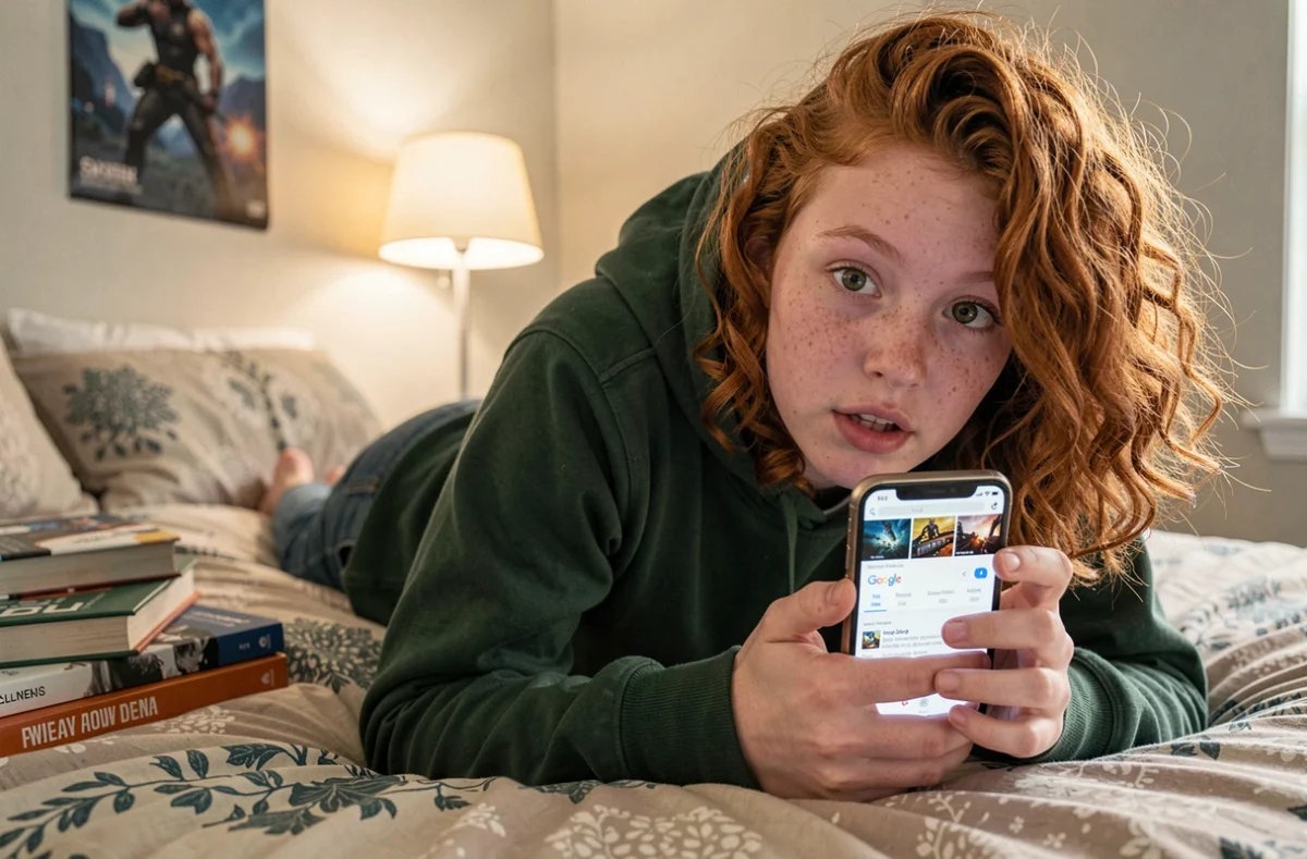 Adolescent allongé sur son lit découvrant l'easter egg Do a Barrel Roll de Google sur son smartphone