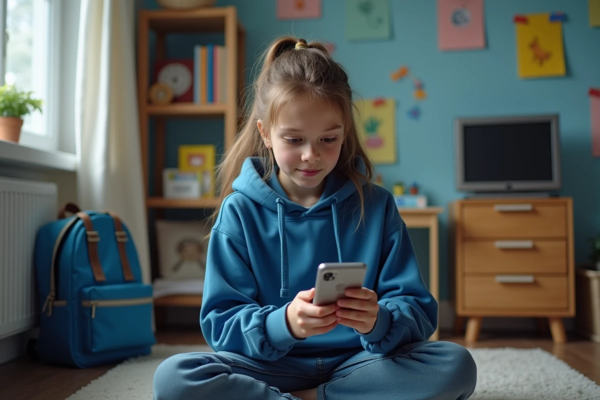 Adolescente utilisant un téléphone Google Pixel dans sa chambre avec suivi parental activé