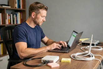 Technicien informatique tapant l'adresse IP 192.168.1.1 dans un navigateur sur un ordinateur portable, assis à un bureau de home office avec un routeur réseau visible