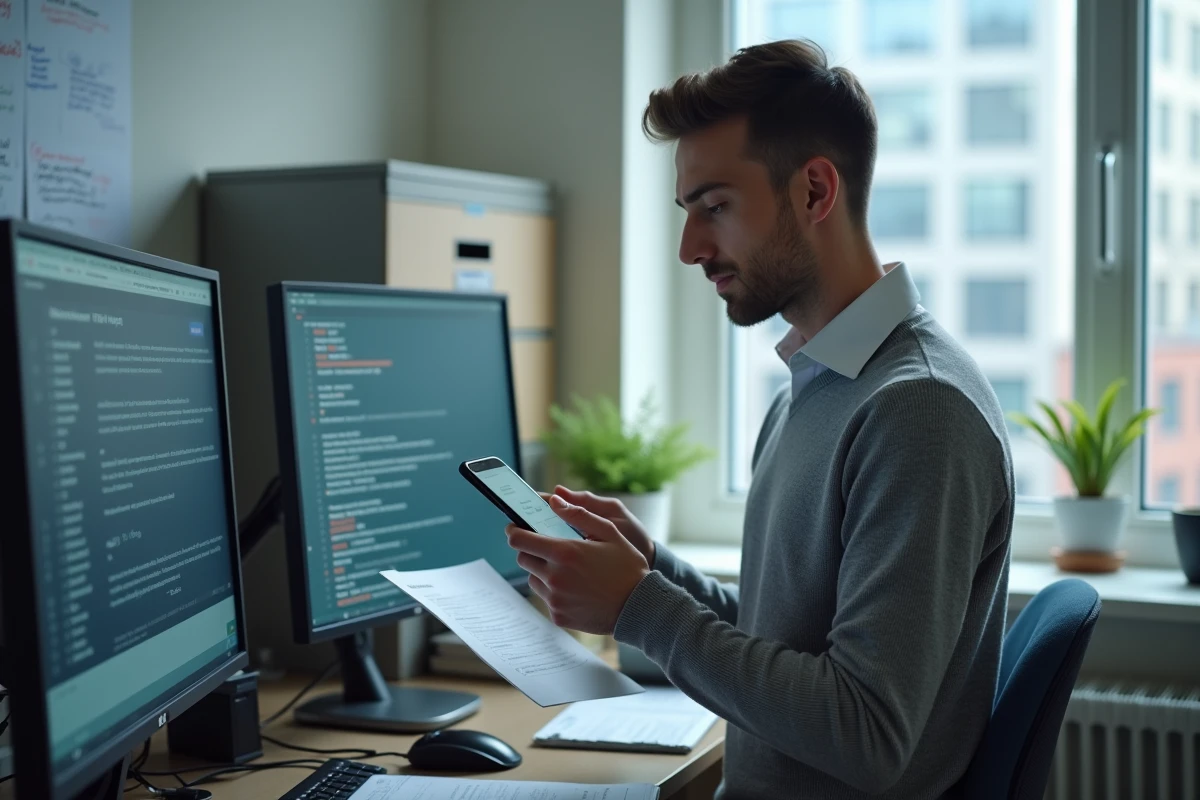 Agent administratif diagnostiquant une panne de l'intranet académique avec liste de vérification et smartphone