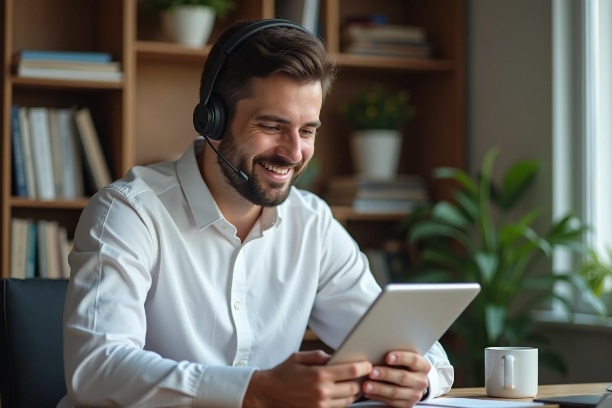 Agent de service client avec casque utilisant une tablette dans un espace cosy