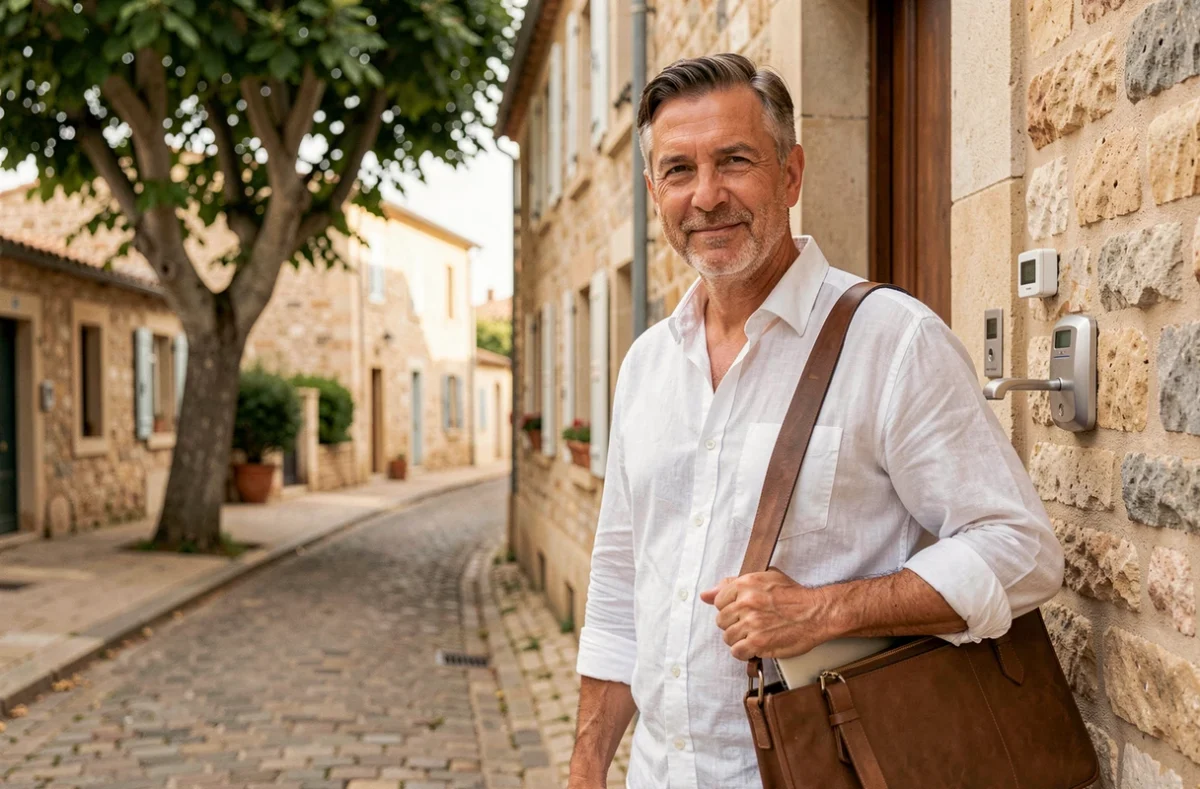 Technicien indépendant Alain Cyril Pastor arrivant chez un client dans une rue provençale à Aix-en-Provence