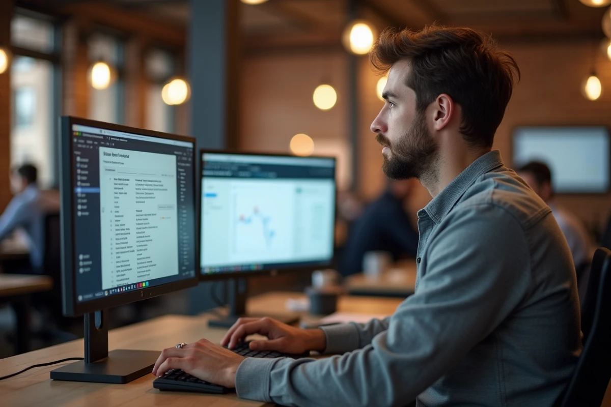 Homme configurant des alias d'email sur un double écran dans un espace de coworking moderne