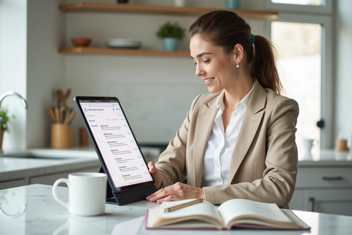 Jeune femme consultant ses alias d'email IONOS sur une tablette depuis son espace de travail à domicile