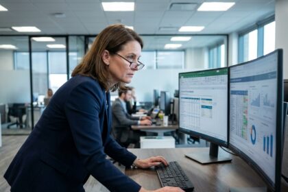 Analyste financière examinant des tableaux de bord de consolidation financière Oracle FCCS sur deux écrans dans un bureau moderne