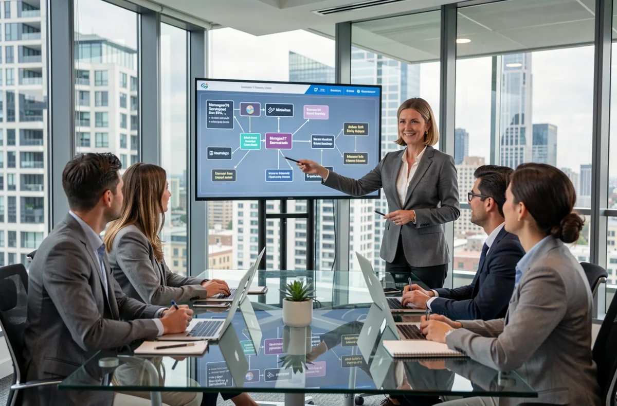 Femme d'affaires présentant une stratégie de services informatiques managés à une équipe en salle de réunion