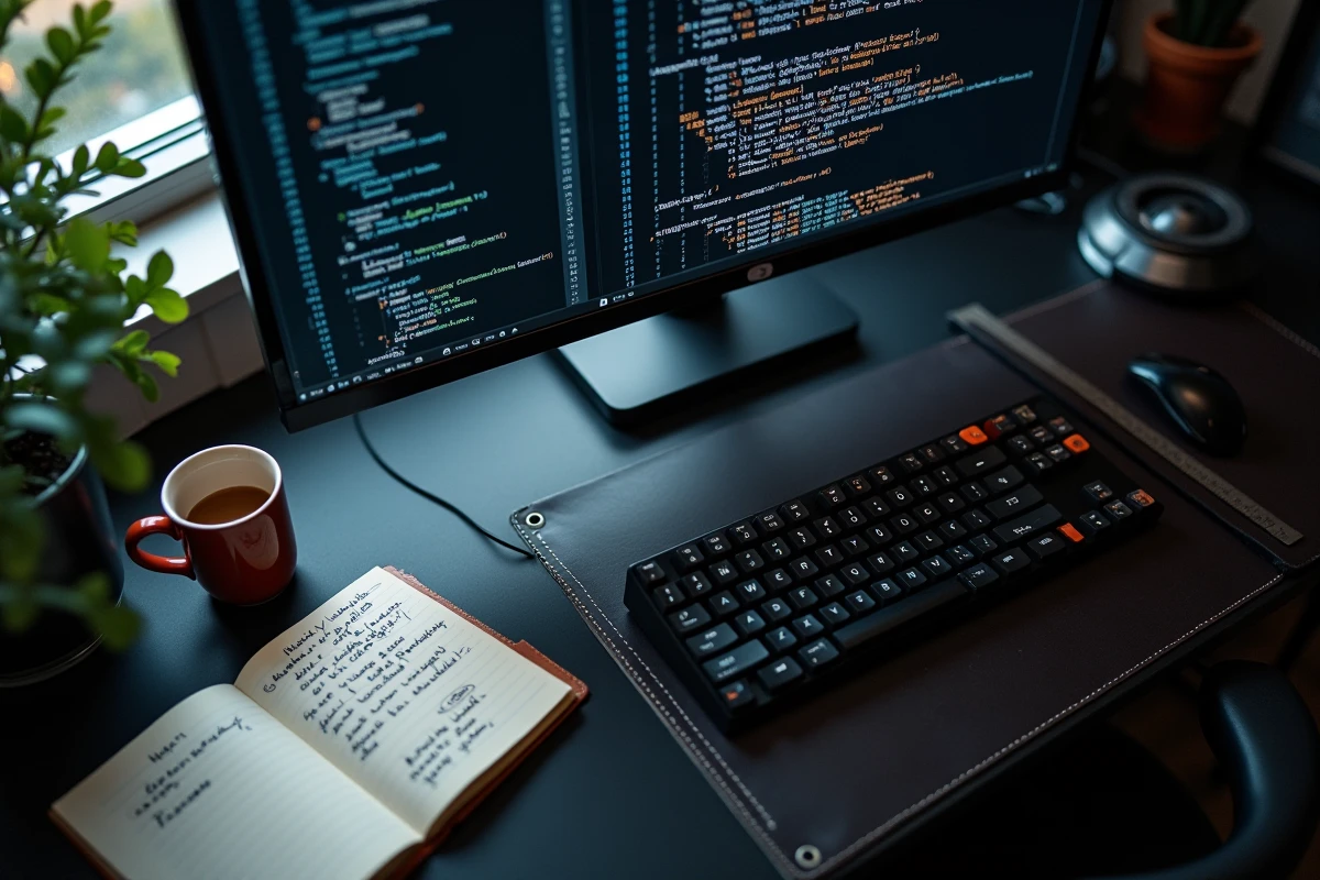 Vue de dessus d'un bureau de développeur avec un grand écran affichant un éditeur de code et des notes sur la résolution d'écran