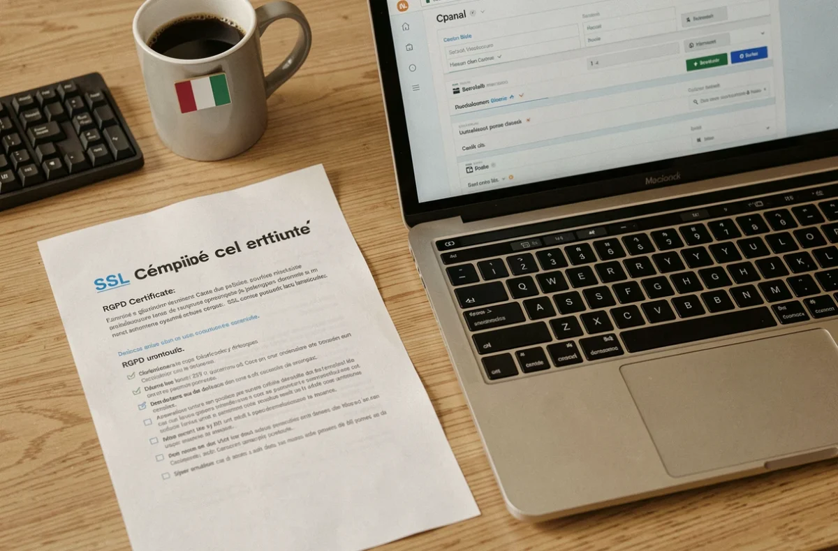 Bureau avec checklist de conformité RGPD et panneau de contrôle d'hébergement web français sur laptop