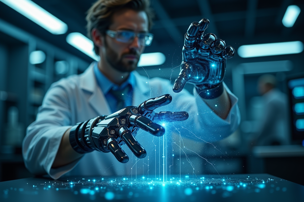 Chercheur manipulant une main robotique connectée au cerveau artificiel