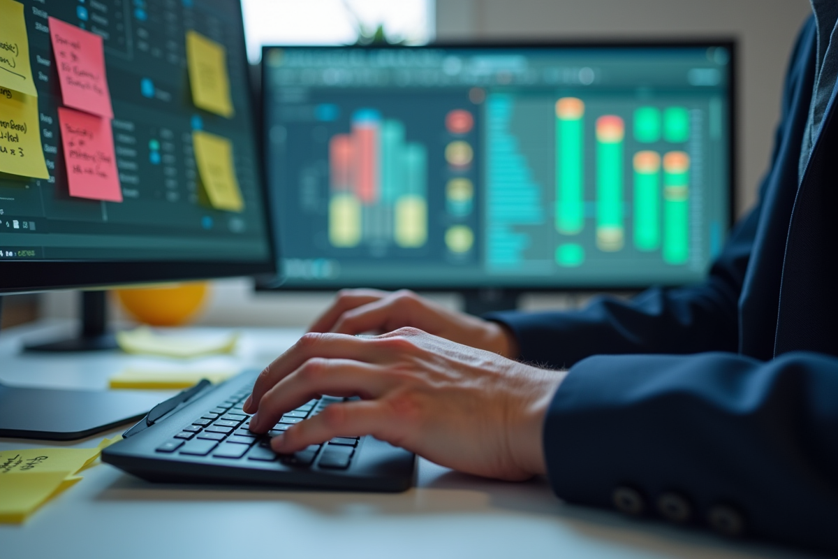 Mains tapant sur un clavier avec un écran Excel en arrière-plan