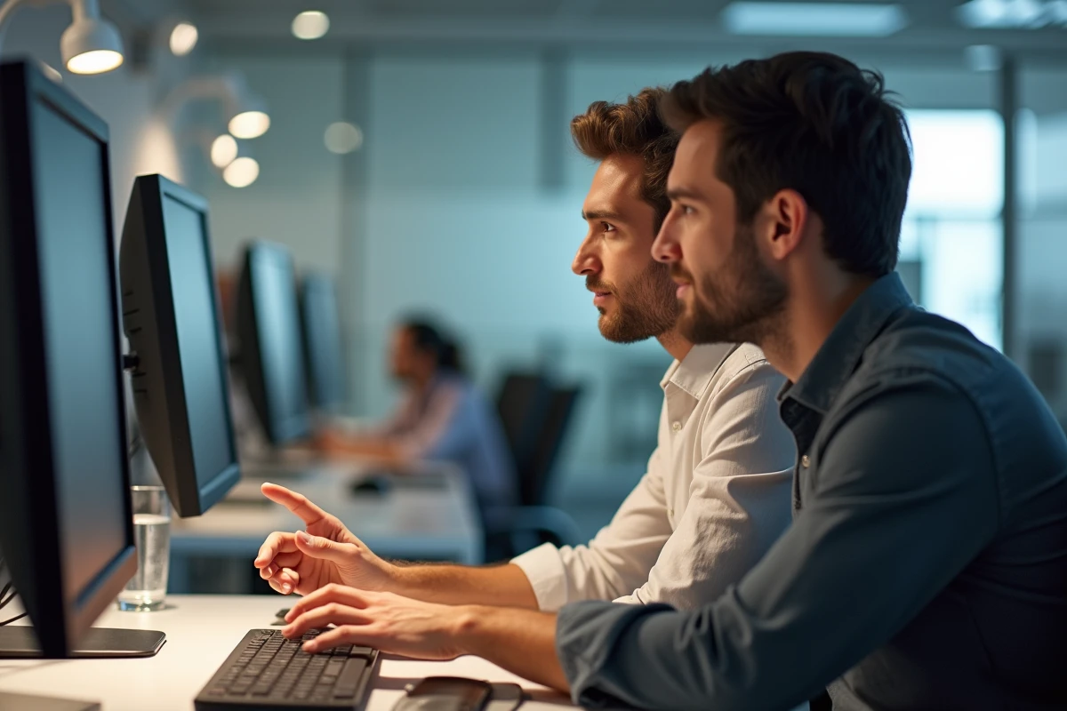 Deux collègues résolvant ensemble un problème technique sur un site de musique en ligne au bureau