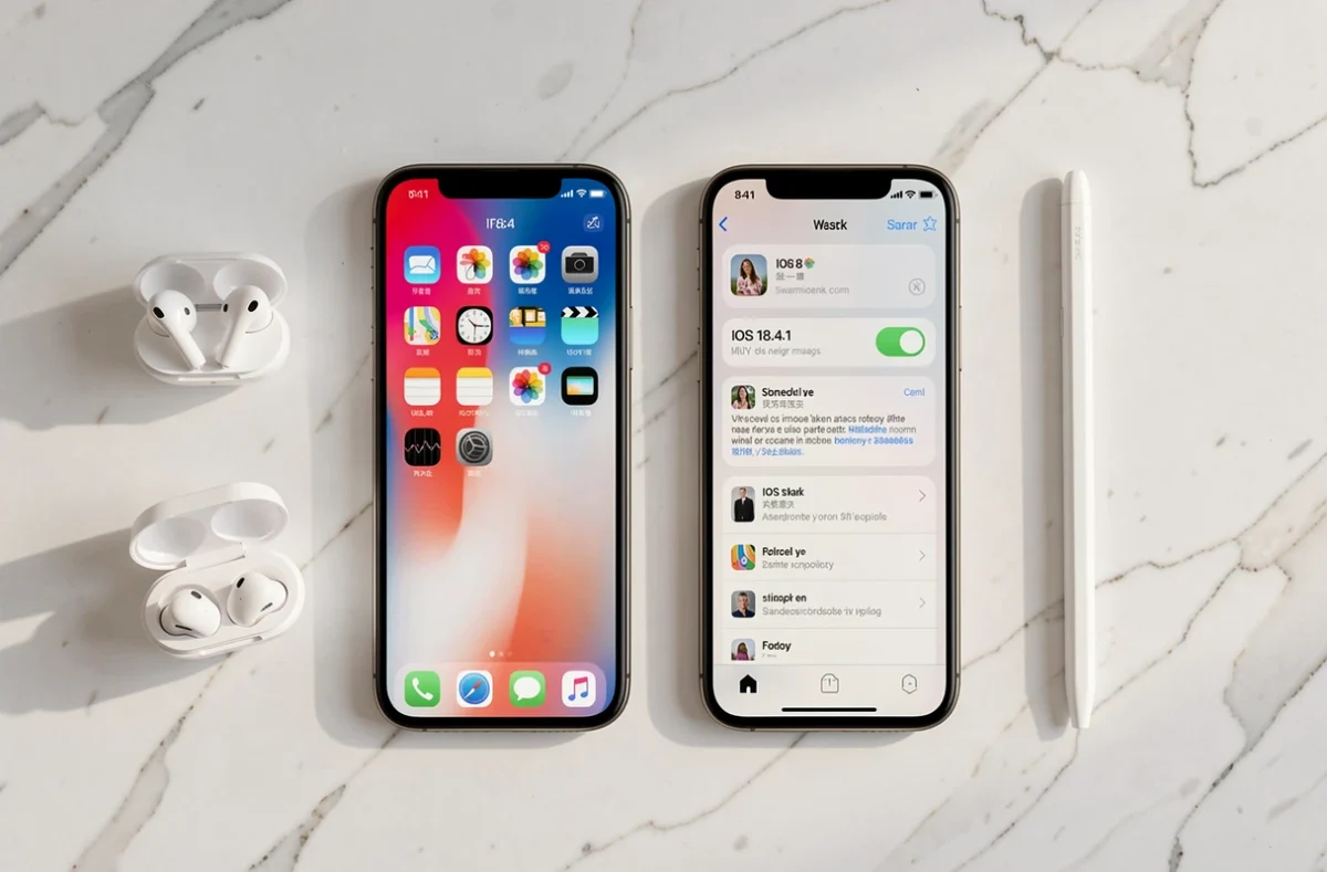 Comparaison côte à côte de deux smartphones affichant iOS 18.4 et iOS 18.4.1 sur une surface en marbre blanc