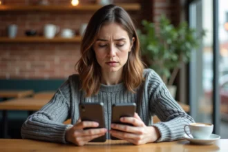 Femme comparant deux smartphones dans un café moderne, illustrant les avis contradictoires sur les téléphones