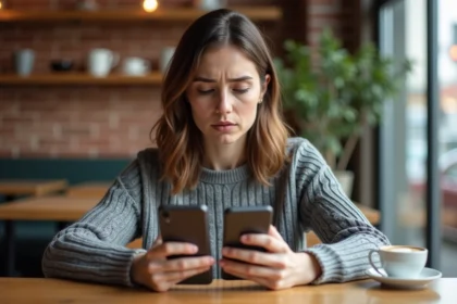 Femme comparant deux smartphones dans un café moderne, illustrant les avis contradictoires sur les téléphones