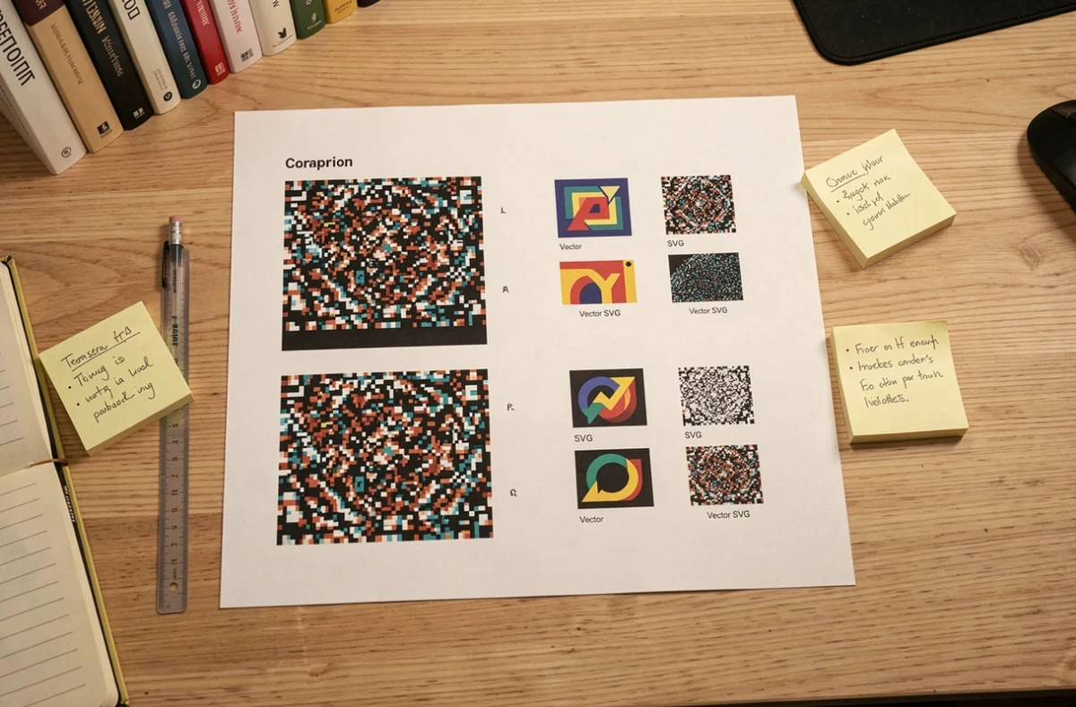 Vue aérienne d'un bureau de graphiste avec des impressions comparant visuels pixelisés et fichiers SVG nets à différentes résolutions