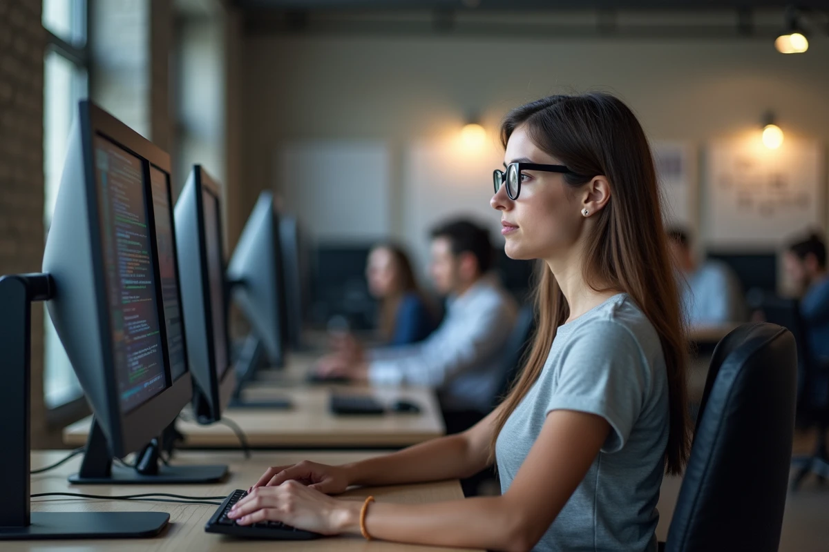 Développeuse comparant deux écrans de tailles différentes dans un espace de coworking moderne