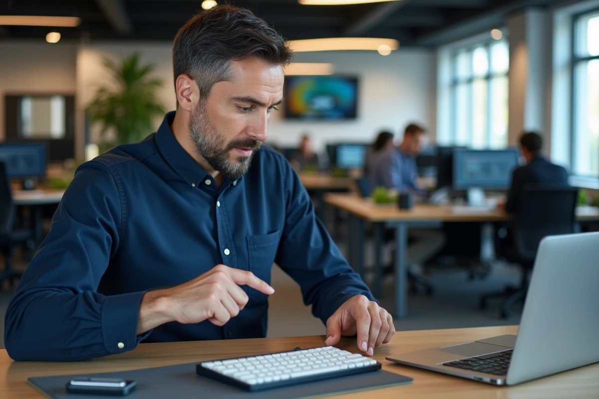 Homme comparant la touche Shift d'un clavier de laptop et d'un clavier de PC fixe côte à côte sur un bureau de bureau en open-space