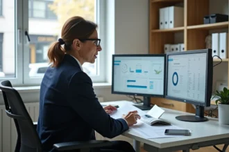 Comptable femme utilisant un logiciel de gestion en cabinet comptable sur double écran
