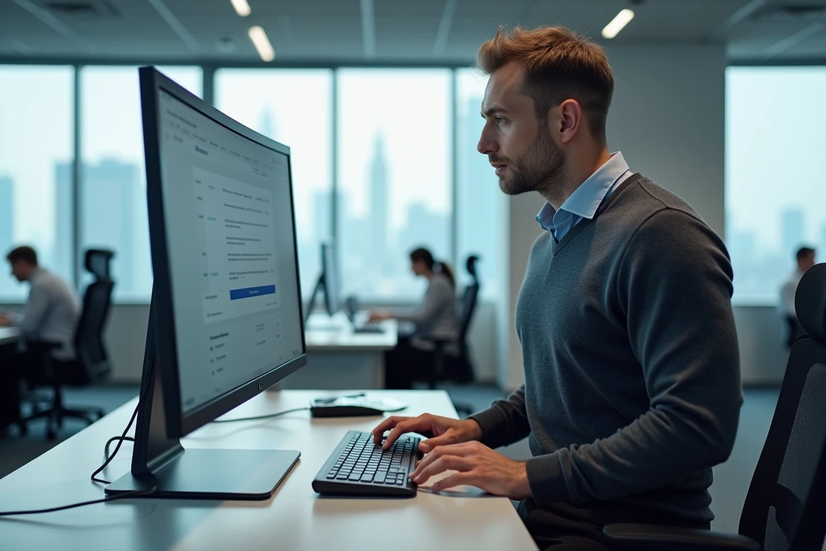 Homme paramétrant un transfert automatique d'e-mails sur un ordinateur de bureau dans un open space professionnel
