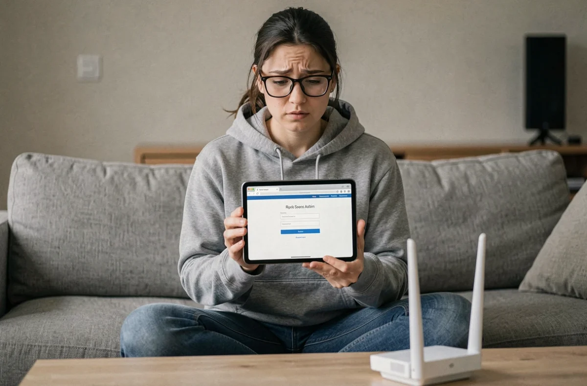 Femme tenant une tablette affichant une page de connexion d'administration de routeur via l'adresse IP locale, assise dans un salon moderne avec un routeur WiFi sur la table basse