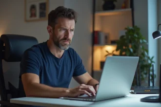 Homme consultant une page d'erreur de connexion à une adresse IP de box internet sur son ordinateur portable à domicile