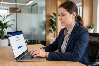 Femme professionnelle connectant pour la première fois à sa messagerie professionnelle sur un ordinateur portable dans un bureau moderne de Nancy ou Metz