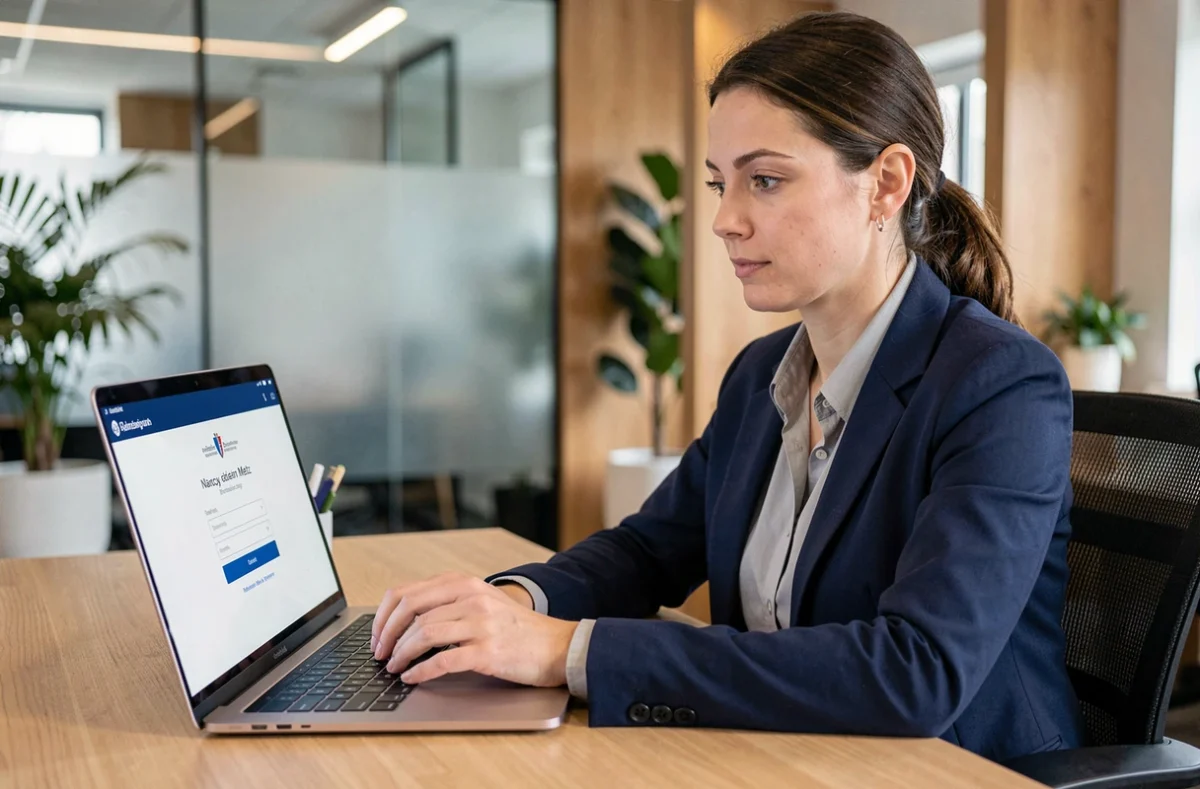 Femme professionnelle connectant pour la première fois à sa messagerie professionnelle sur un ordinateur portable dans un bureau moderne de Nancy ou Metz