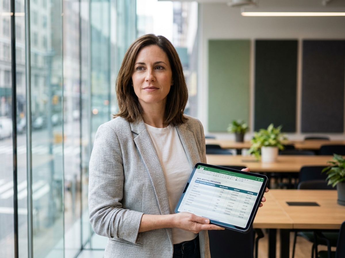 Consultante web comparant des offres d'hébergement sur tablette dans un espace de coworking moderne