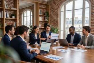 Groupe de consultants SEO français en réunion dans un bureau parisien