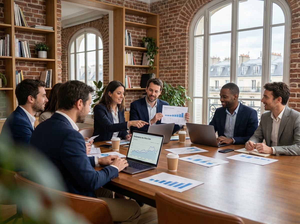 Groupe de consultants SEO français en réunion dans un bureau parisien