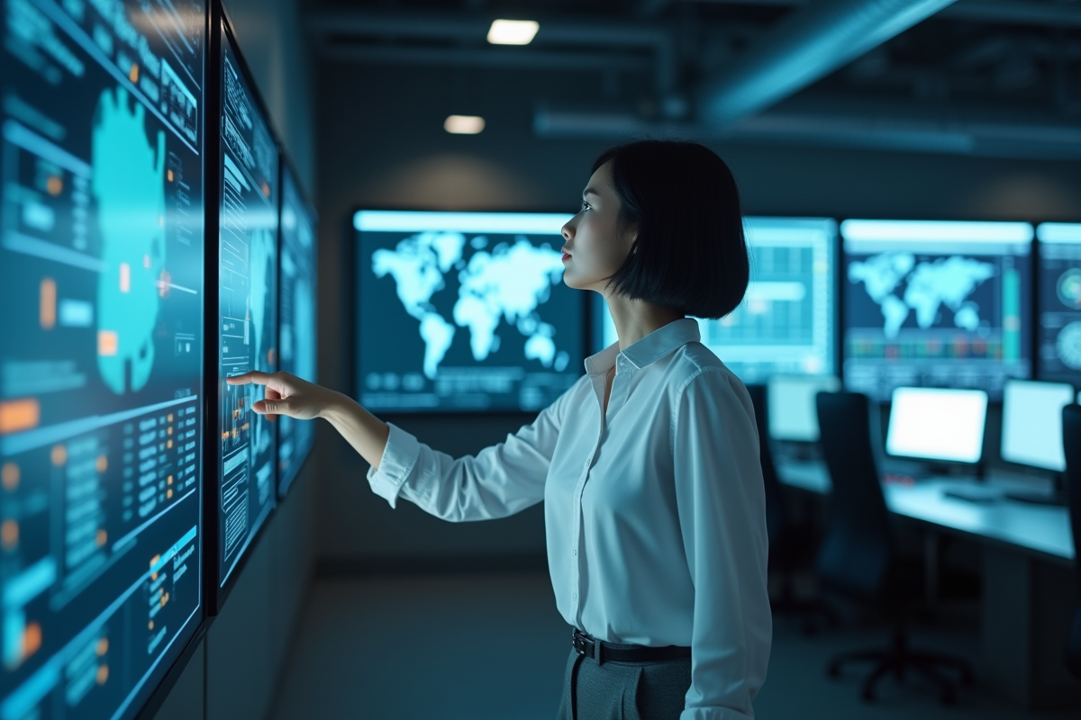 Jeune femme surveillant un tableau de bord de securite