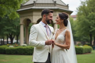 Couple marié souriant lors d'une union en plein air dans un parc
