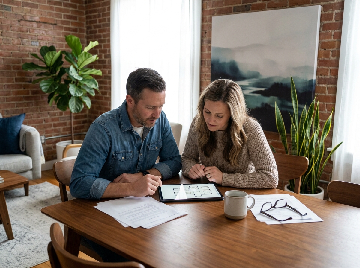 Couple regardant un plan de maison sur une tablette dans le salon