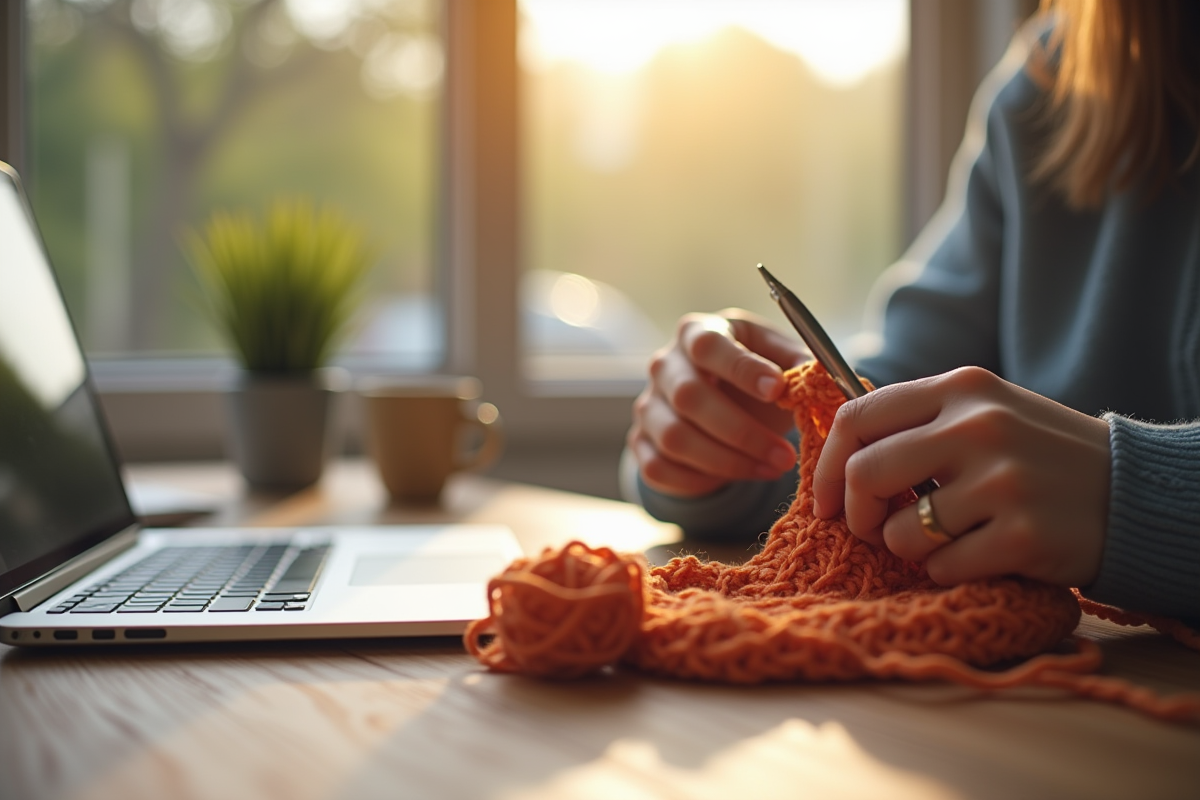 Main crochetant avec fil coloré près d'un MacBook le matin