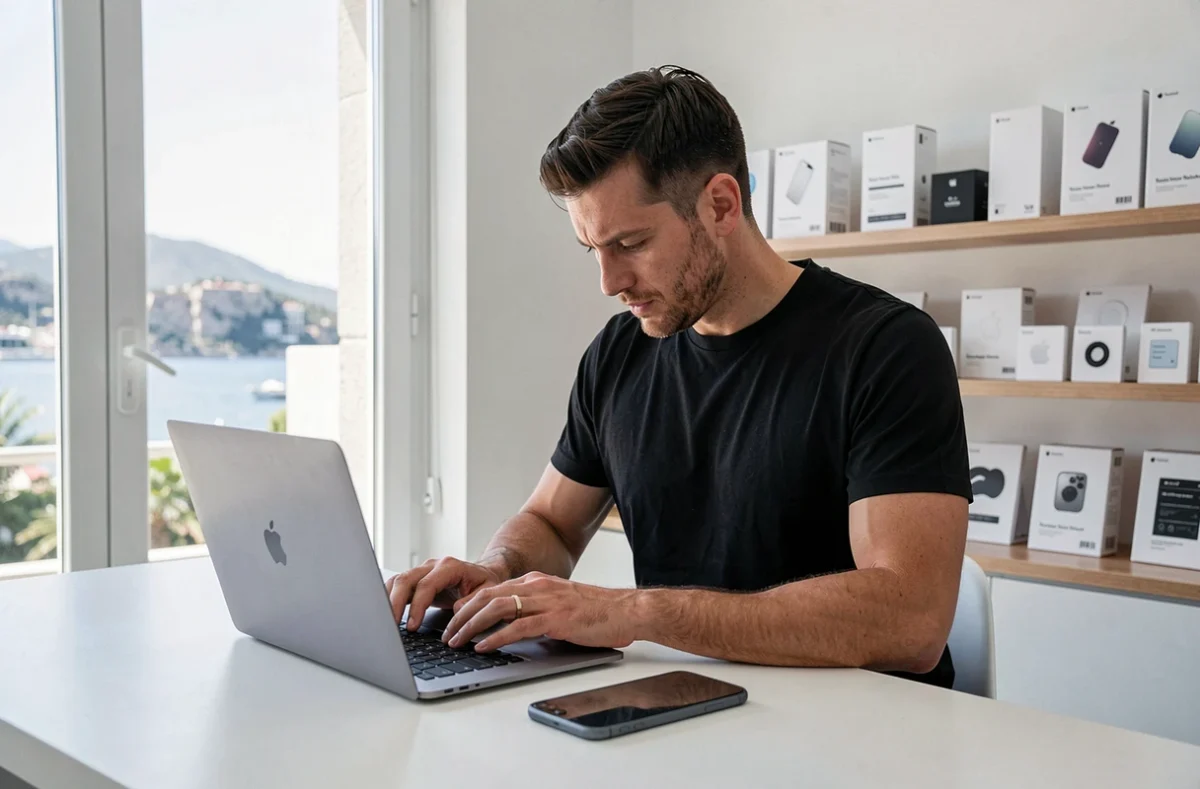 Technicien spécialiste Apple de Cyber Jay à Nice examinant un iPhone et un MacBook