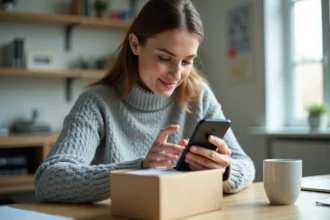Femme déballant un nouveau smartphone Android sur un bureau en bois dans un bureau à domicile moderne