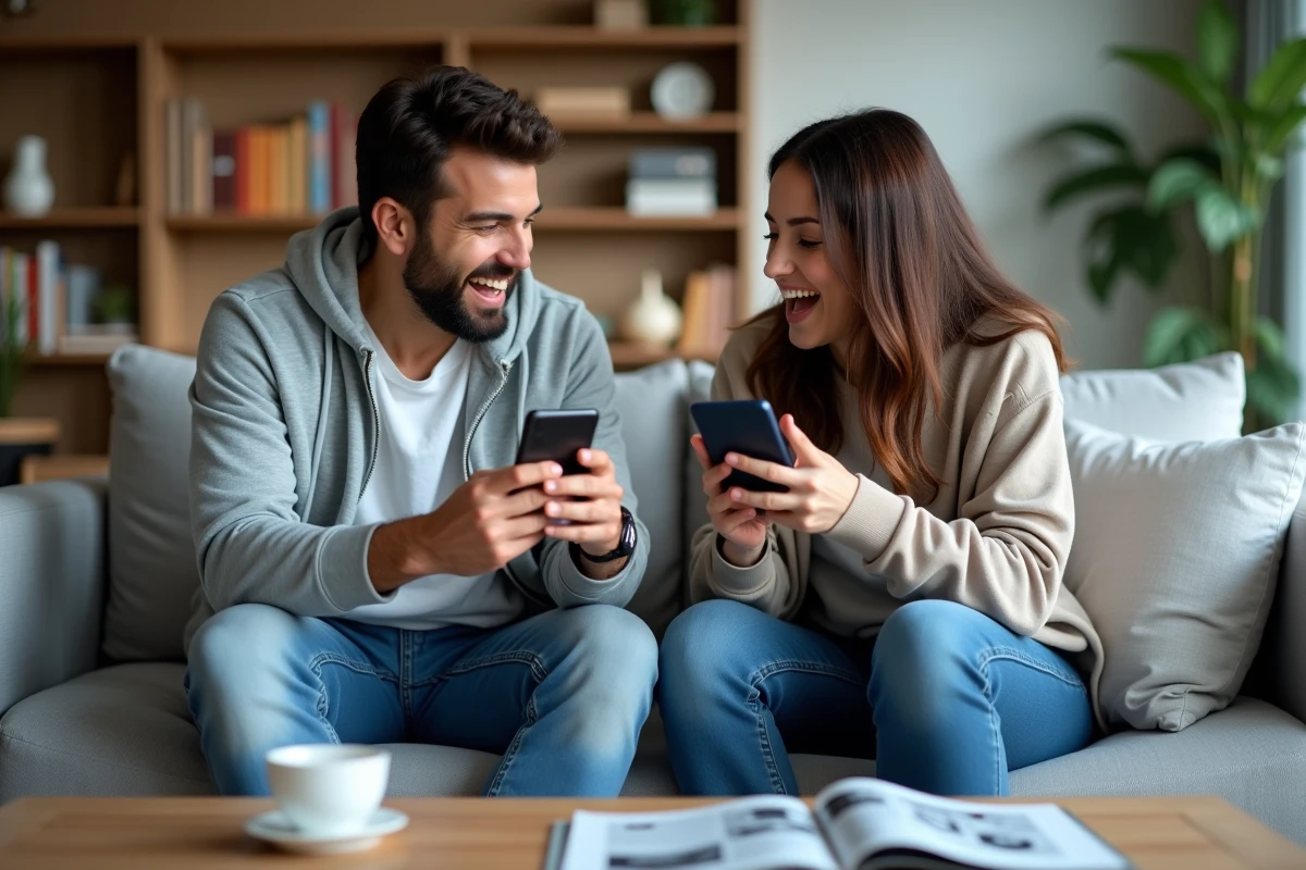 Deux personnes débattant des avis sur leurs smartphones respectifs dans un salon moderne