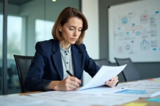Professionnelle annotant un cahier des charges structuré dans un bureau moderne avec tableaux de diagrammes en arrière-plan
