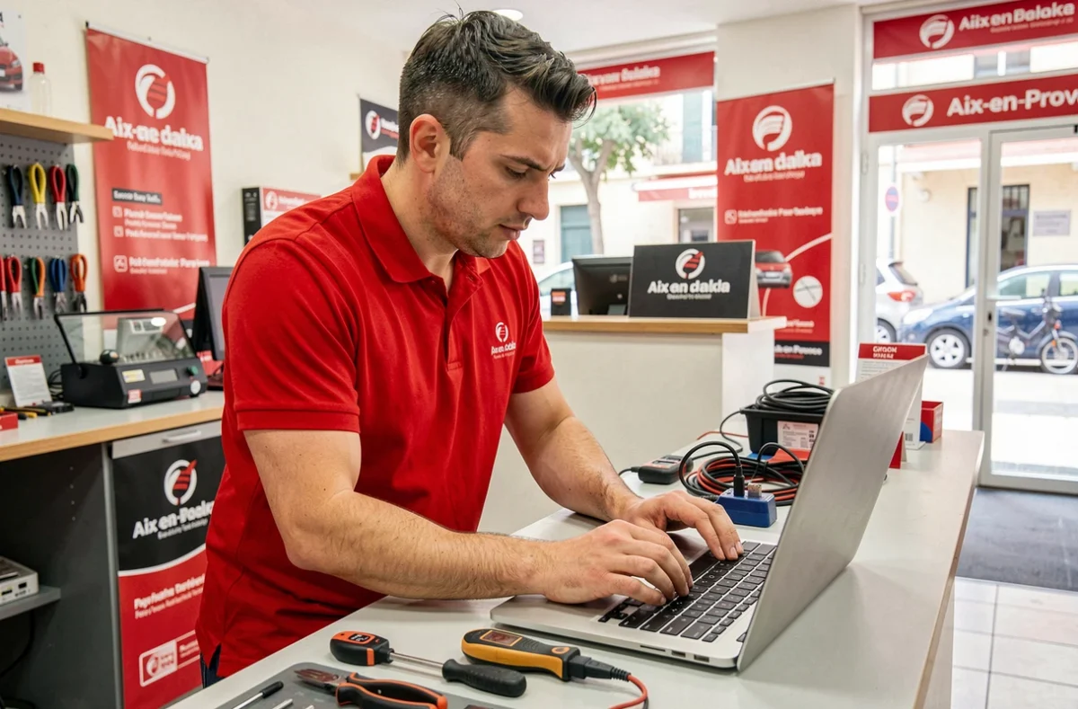 Technicien de Depan Pc Express réparant rapidement un ordinateur portable au comptoir de son magasin à Aix-en-Provence