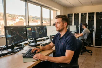 Technicien informatique en PACA travaillant sur des écrans de diagnostic dans un bureau moderne avec vue sur la Provence
