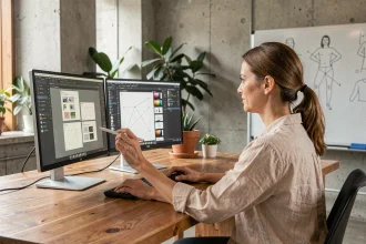 Designer UX travaillant sur des fichiers SVG dans un logiciel de design sur double écran dans un studio moderne