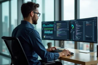 Ingénieur logiciel concentré devant ses écrans de code