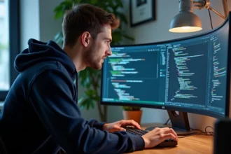 Développeur masculin travaillant sur un grand écran ultrawide avec plusieurs fenêtres de code ouvertes dans un bureau moderne